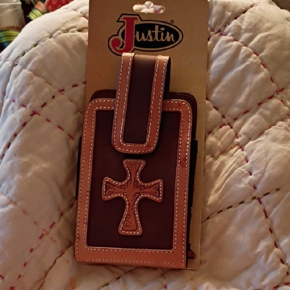 Justin Boots Brown and Tan Phone Holster with Cross Design